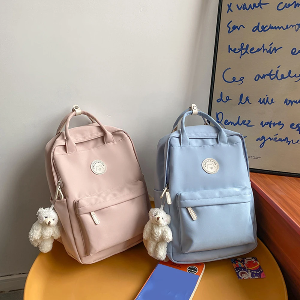 Teens Campus Daypack Large Capacity with Plush Pendant Kawaii Backpack Solid Zipper for Work Camping Sports Travel Backpack