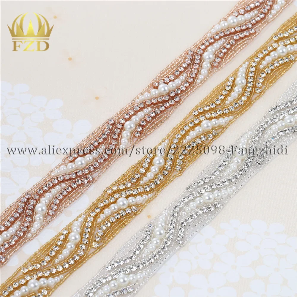 

(10 yards)Hot fix Iron On Sewing Wholesale Bridal Wedding Dresses Pearl Beaded Rhinestone Appliques Trimming Sash Headpieces