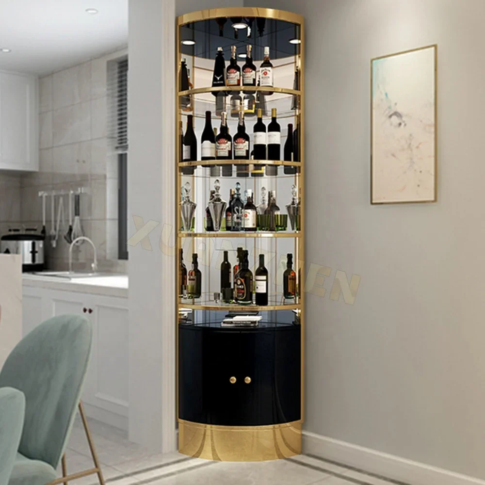 Modern Living Room Stainless Steel Metal Frame Wine Display Cabinet Luxury Double Door Glass Corner Bar Wine Storage Cabinet