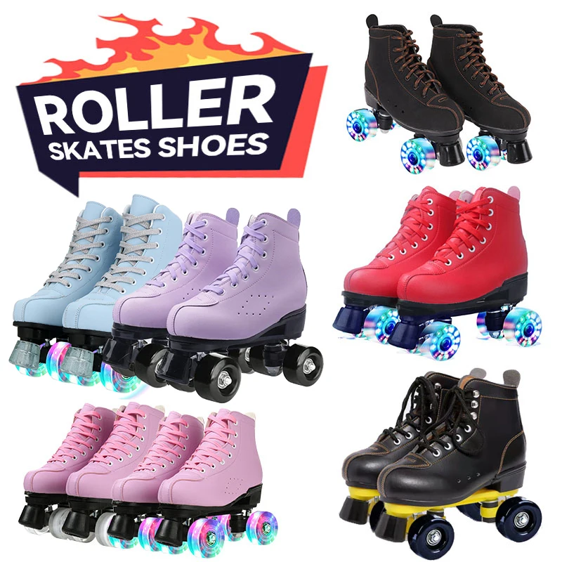 Roller Skates Shoes Inline Skating Quad Adult Double Row Roller Shoes Patins Sliding Sneaker Beginner Microfiber Leather adult roller skates