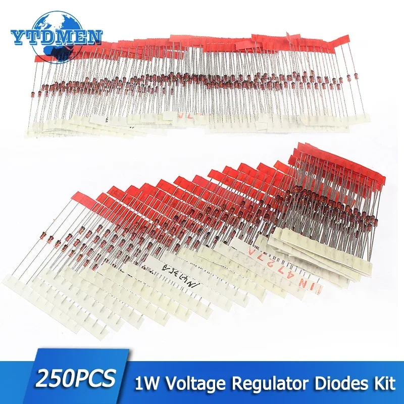 250pcs 1W Zener Diode Kit DO-41 3V-33V Voltage Regulator Diodes 3V 3.3V 3.6V 3.9V 4.3V 4.7V 5.1V 5.6V 6.2V 6.8V 7.5V 10V 20V 33V