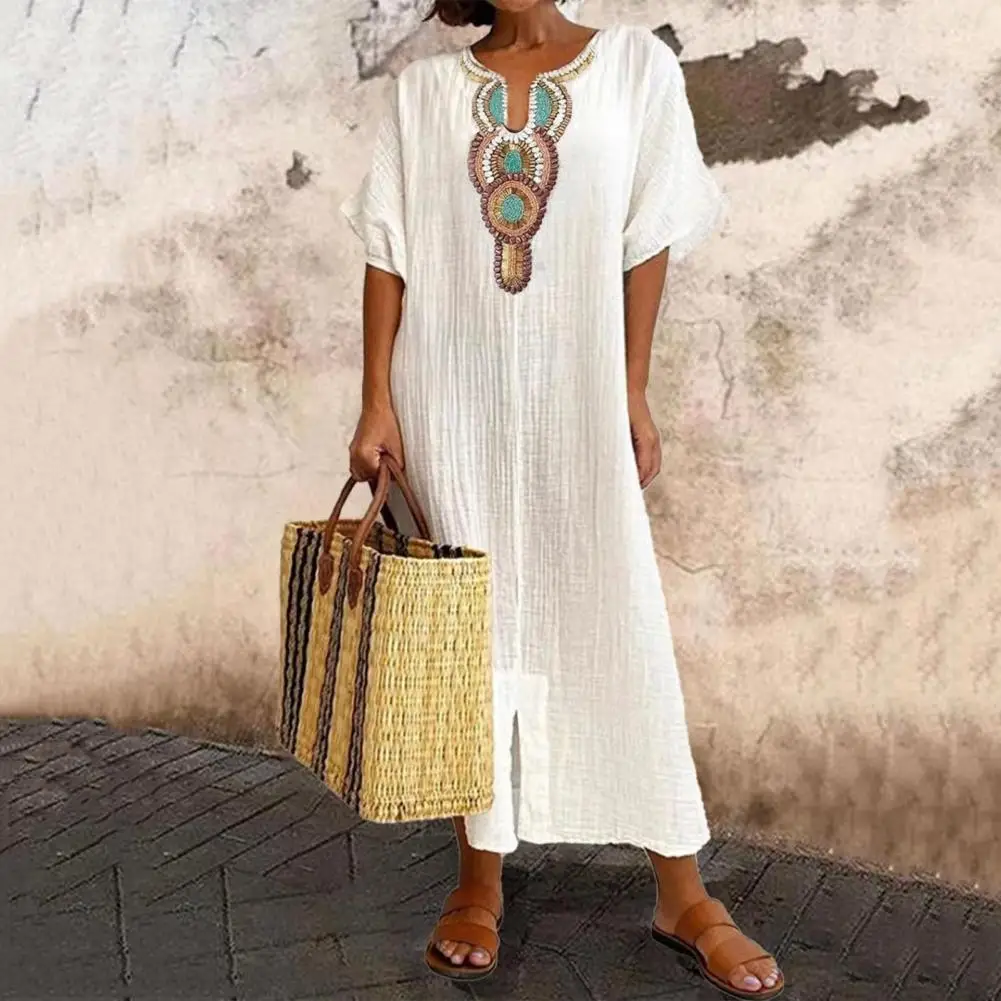 

Ethnic Dress Women Sexy Embroidery Flower Design V Neck Cotton Linen Dress 2023 Spring Summer Short Sleeve Split Long Maxi Dress