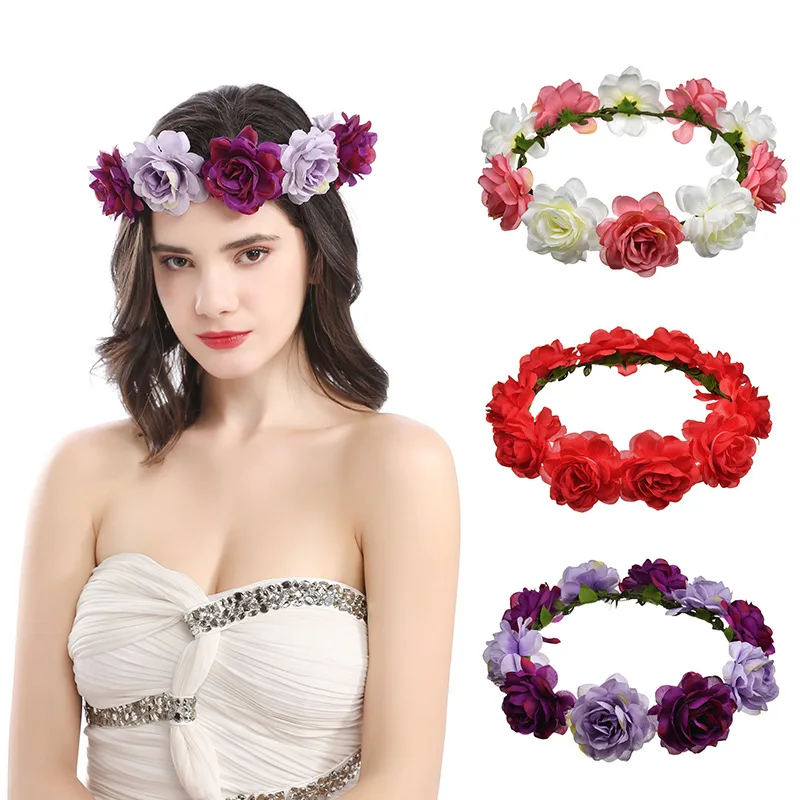 

Korean Fashion Handmade Fabric Women's Headdress Beach Rose Flower Hairband Bridal Wreath Hairband Flower Crown