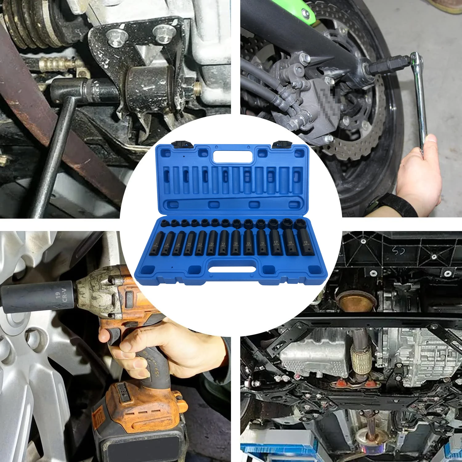 Set Di 26 Bussole A Impatto Da 3/8 Pollici In Acciaio CRV Con Presa Profonda E Standard Costruzione Robusta A 6 Punti Metrica Da 9 Mm A 30 Mm