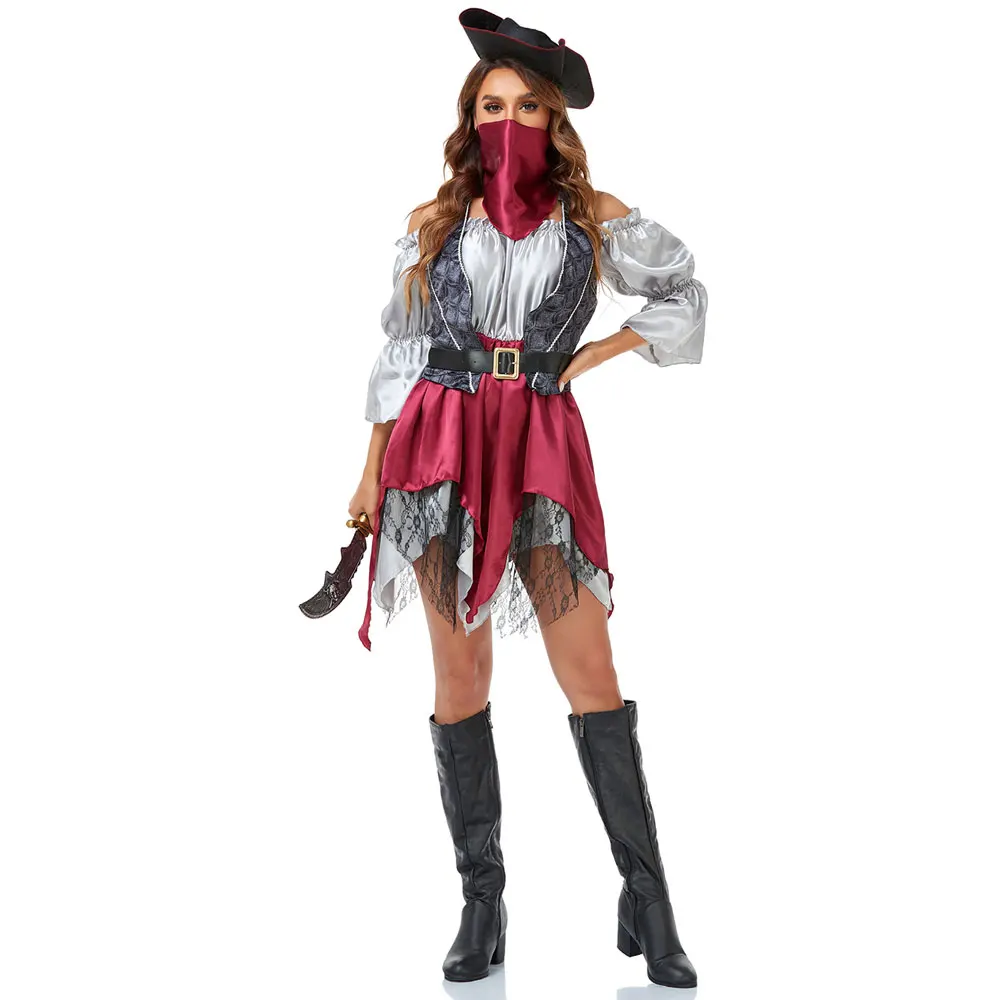 

Women Adult Halloween Carnival Party Caribbean Pirate Cosplay Costume Stage Performance Captain Huntress Fancy Dress