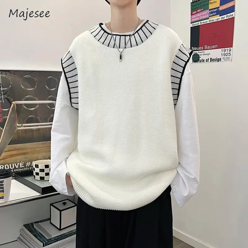 

Loose Sweater Vests Men Spliced Panelled Teenagers O-neck Daily All-match Simple Streetwear Japanese Style Retro Fashion Leisure