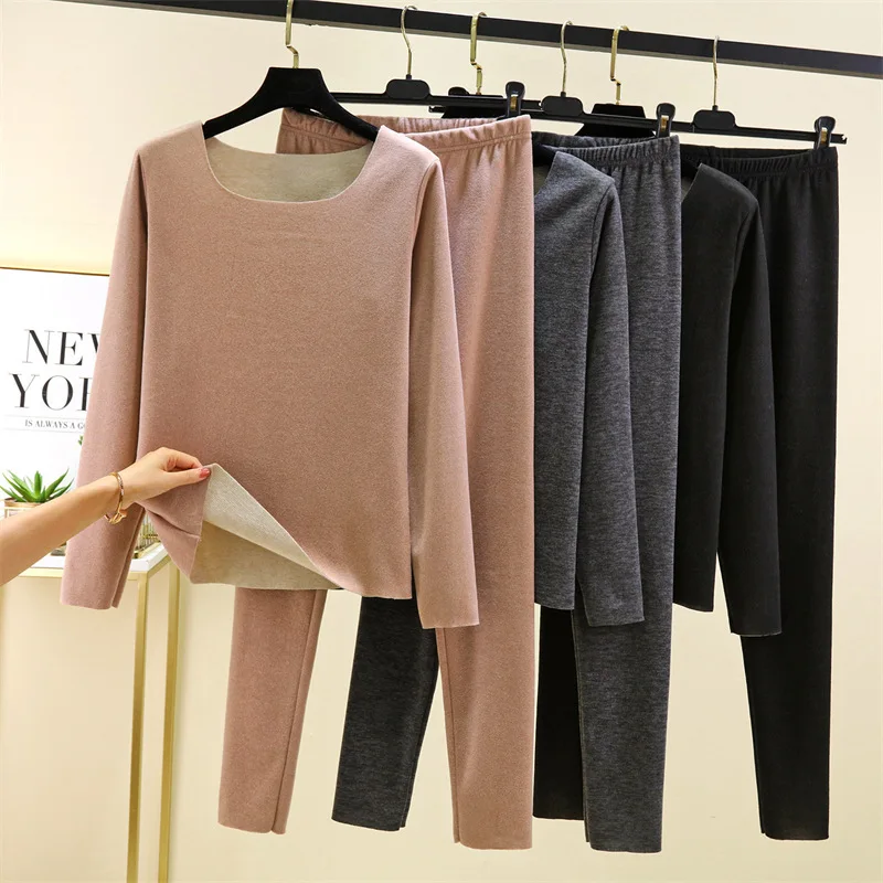Autumn and winter plus velvet and fat plus size warm suit for women seamless inner wear autumn clothes autumn trousers round