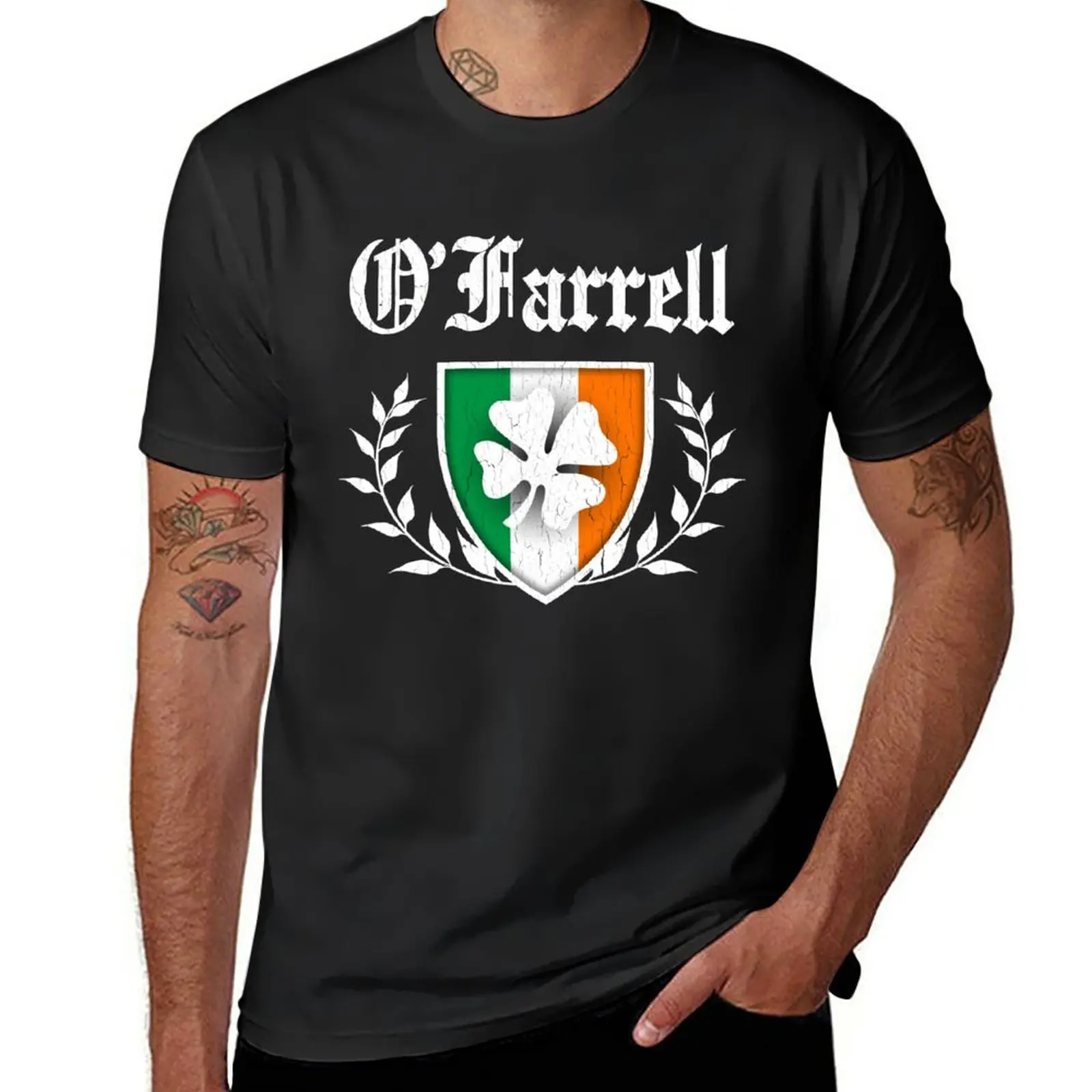 

O'Farrell Family Shamrock Crest (vintage distressed) T-Shirt customs design your own plus size tops t shirts for men cotton