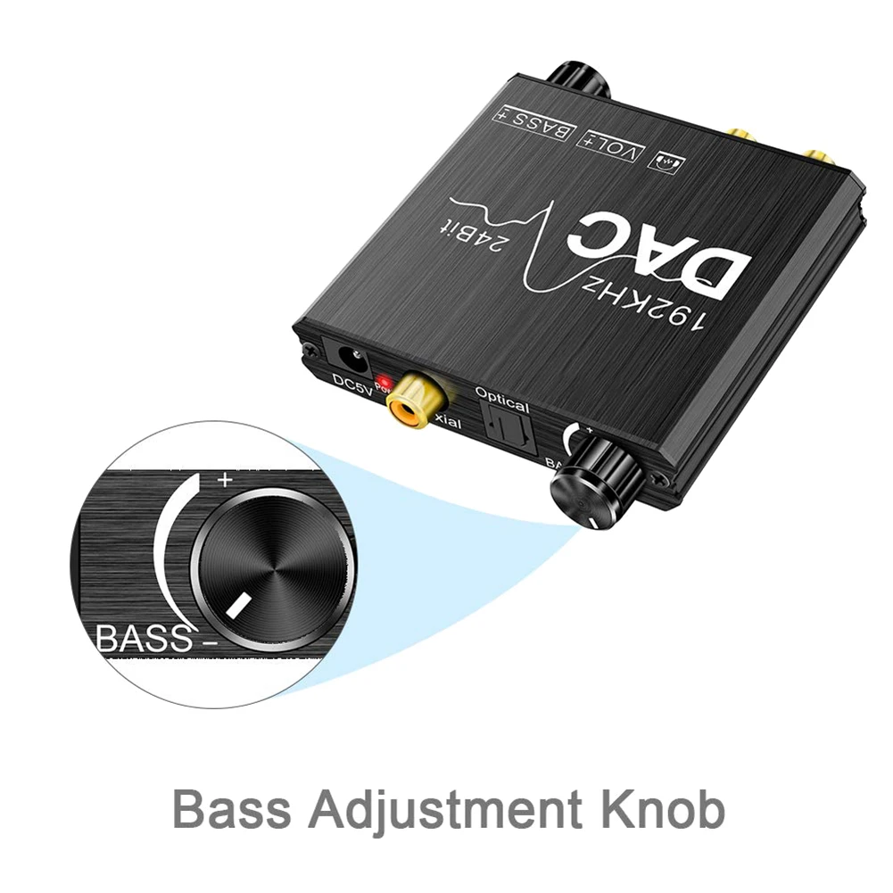 192KHz Digital to Analog Audio Converter with Bass and Volume Adjustment,Digital SPDIF/Optical/Coaxial to Analog Stereo