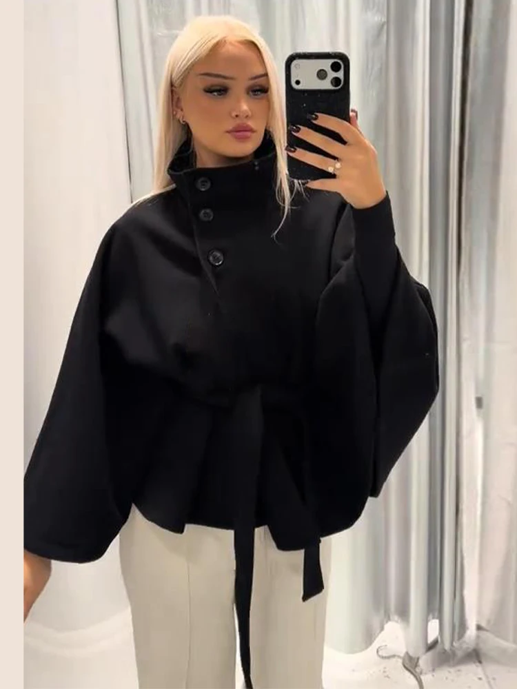 Women's Windbreaker Belted Cape Coat Oversized Jacket Stand Collar Top Autumn Single Breasted Loose Woolen Jackets Woman Clothes