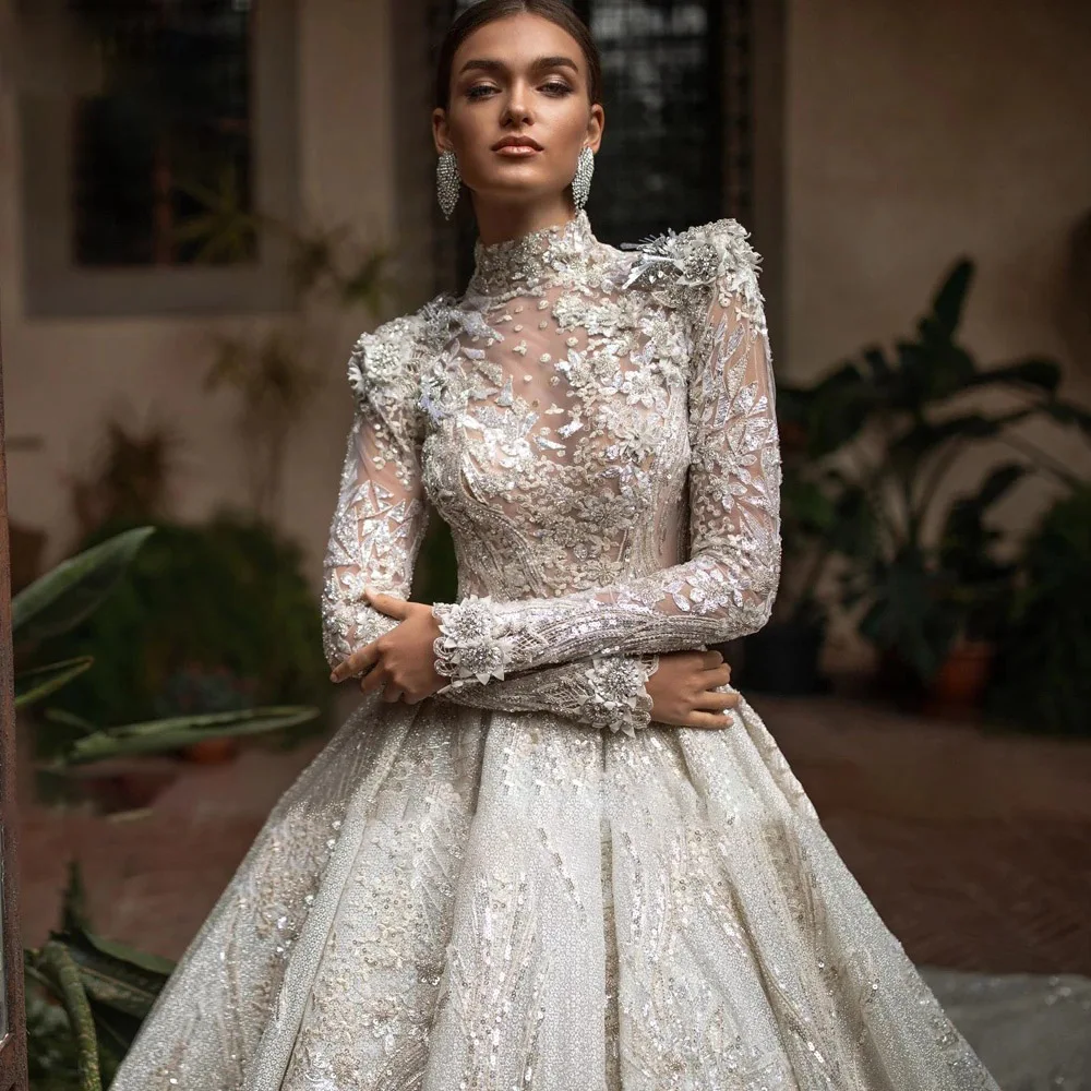 A Line Royal Wedding Dresses High Neck Lace