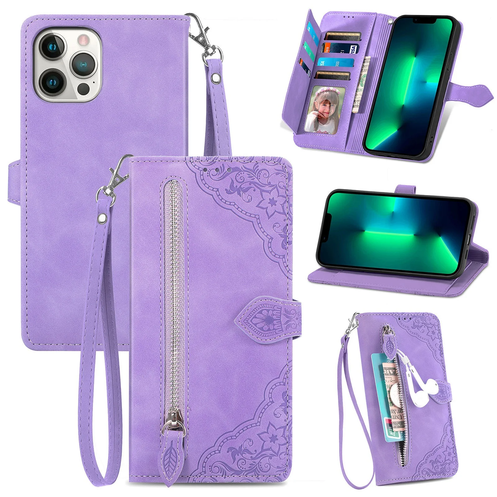 Lace Floral Leather Phone Case with Luxury Lanyard, Card Slots, and Wrist Strap Wallet Flip Cover