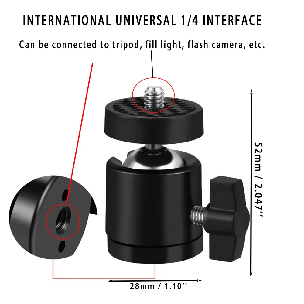 2-Pc 360° Swivel Mini Ball Head with Universal 1/4" Screw Tripod Mount For Smart Phone LED Video Light Microphone Action Cameras