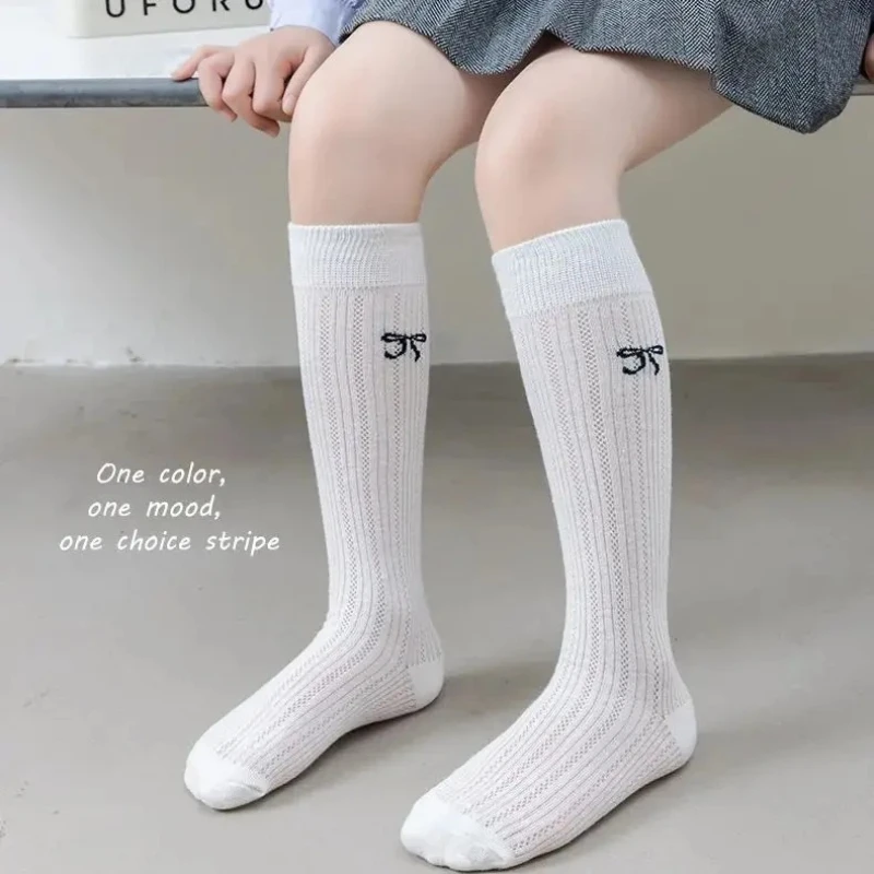 Girls Cotton Socks 2025 Summer Long Socks Children Bow Cute Solid Mesh Breathable Thigh Socks