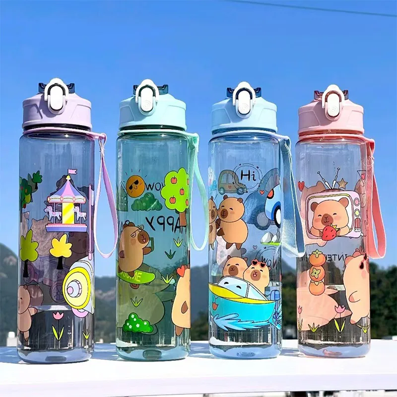 Cartoon Capibala Pattern Water Bottle Leakproof Plastic Straw Cup Portable Outdoor Travel Large Capacity Sports Cup 750ml