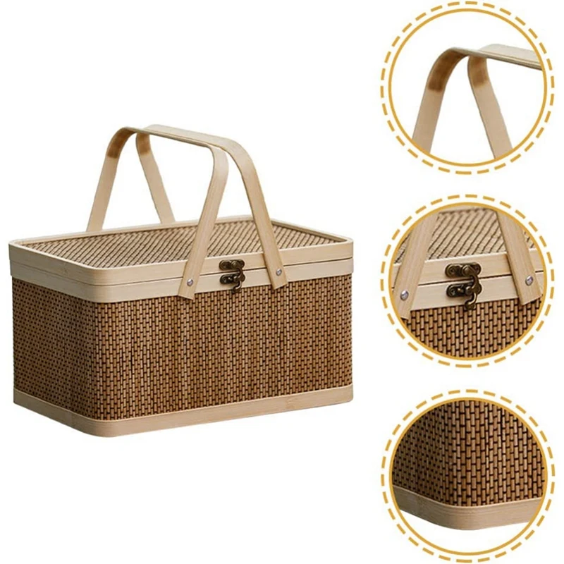 Bamboo Basket Natural -Friendly Woven Basket Bamboo Picnic Basket With Lid Handheld Snacks Bread Storage Basket