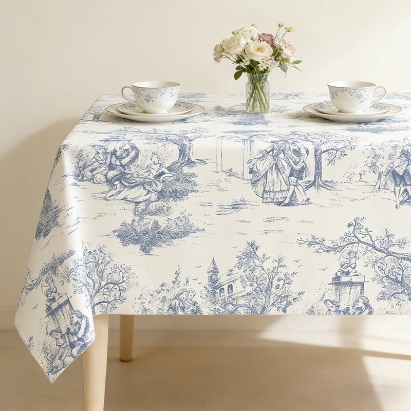 Blue Printed Tablecloth Classic French Village Rustic Table Cover Rectangle Oblong Tabletop for Kitchen & Dining Room Home Decor 3