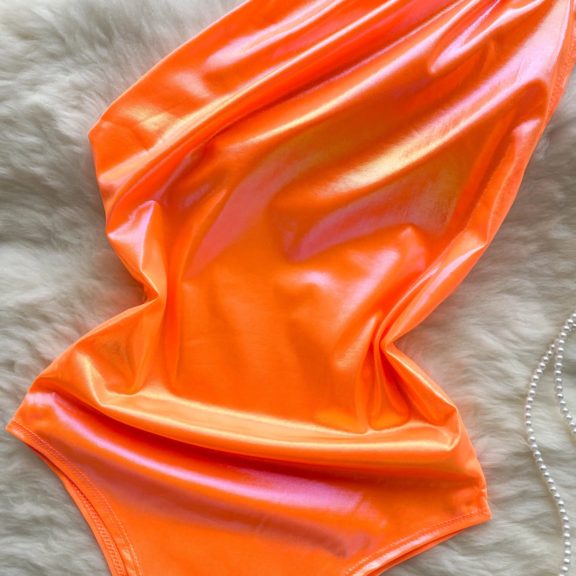 Summer Trend One Shoulder Slash Neck Women's Swimsuit Slim Sexy Bright Leather Beach Party Wear Playsuit Open Crotch Swimwear