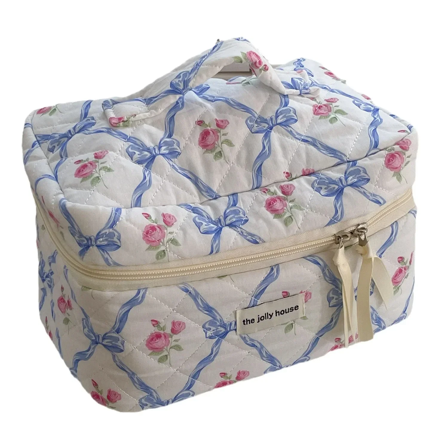 Cute Bow Flower Quilting Cotton Makeup Bag Women Zipper Cosmetic Organizer Female Cloth Handbag Portable Toiletry Case for Girls 6