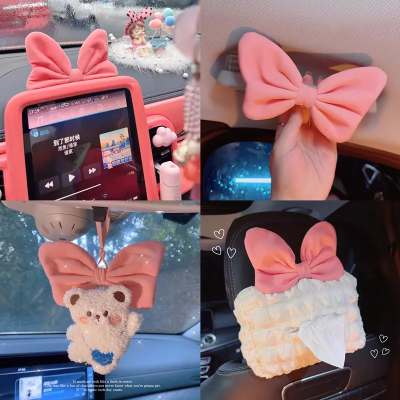 Cute Pink Bow Car Shoulder Protector Summer Car Tissue Box Cover Seat Belt Armrest Decorations Interior Decorations Pink