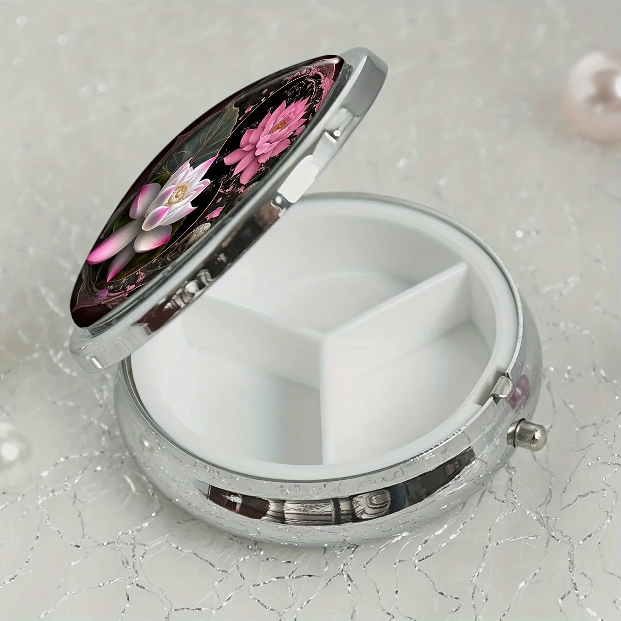 Lotus shaped round medicine box household portable medicine storage box 3-compartment sub-packaging box storage box,medicine storage container