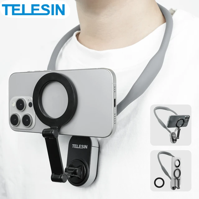 Smartphone mounted on a TELESIN Magnetic Silicone Neck Holder with Quick Release Feature.