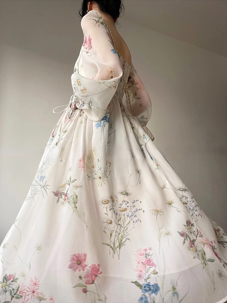 French Elegant Floral Midi Dress Chiffon Long Sleeve Evening Party Dress Woman Beach Fairy One Piece Dress Korean 2023 Summer
