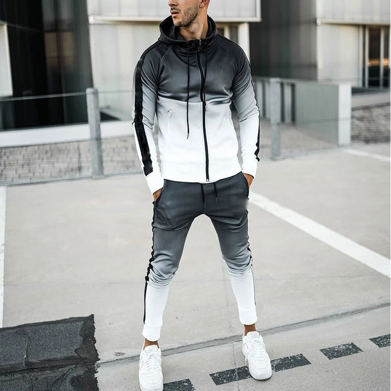 Conjunto de ropa deportiva para hombre, ropa deportiva informal con capucha y cremallera degradada, tendencia urbana, 2 piezas, otoño e 2022| | - AliExpress