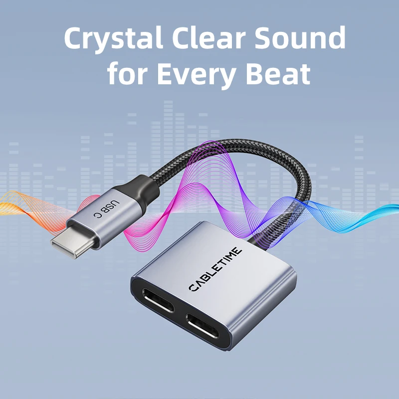 USB C to Dual USB C Headphone & Charger Adapter - 2-in-1 PD 60W Fast Charging Aluminum Adapter with Hi-Fi Audio