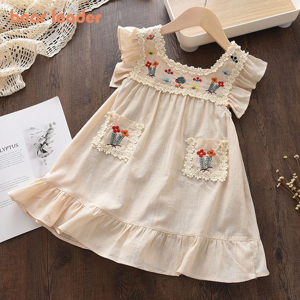 cute baby dresses Bear Leader Girls Flower Embroidered Dress Summer Retro Flying Sleeve Princess Dresses Children Casual Clothes Fashion 2-6 Years long skirt top design for baby girl