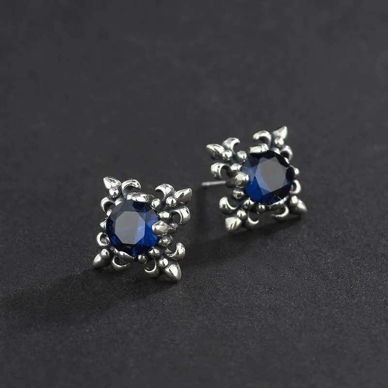 

925 Sterling Silver high-grade Earrings women's Sterling Silver Earbone nail retro Flower Blue Diamond Earrings