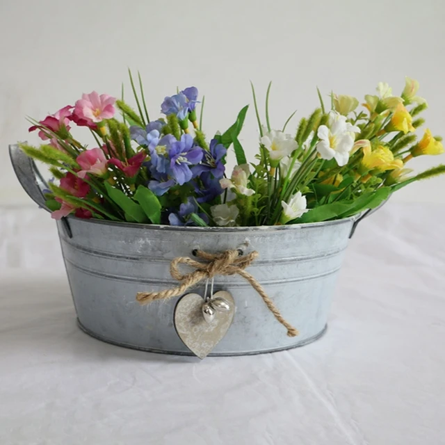 Kreatív Rusztikus Stílusú Horganyzott Fém Virág Kád 25*10 Cm -Es Dupla Fogantyúval Vas Váza Növény Vödör Az Otthoni Parasztház Esküvői Dekorációhoz