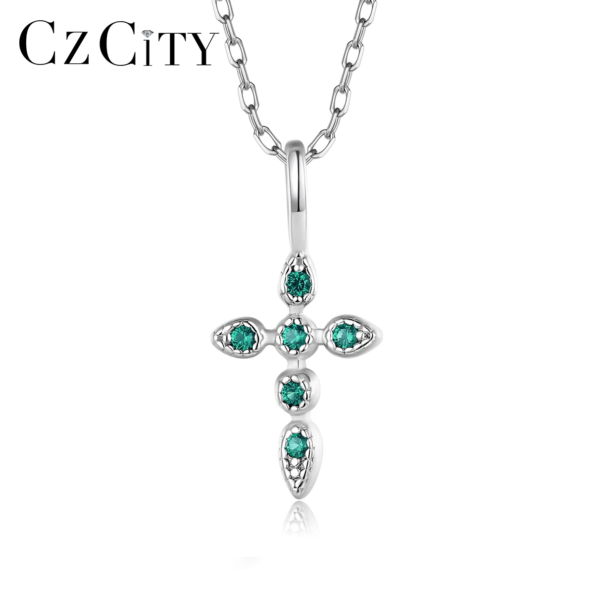 

CZCITY Round Green Cubic Zirconia Cross Shape S925 Sterling Silver Necklace for Women Original Design Certified Hip Hop Jewelry