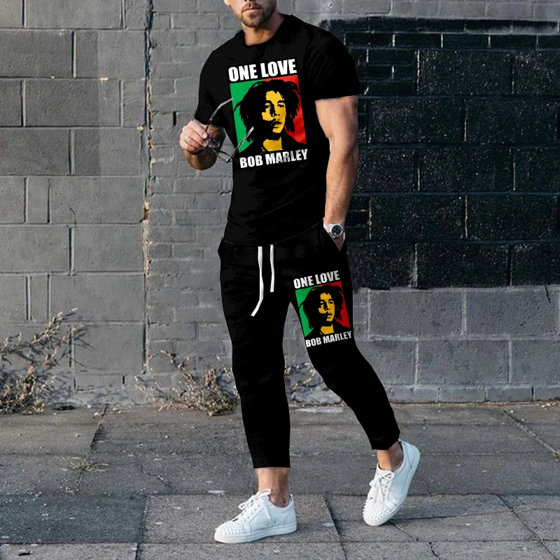 New Summer Men Clothing Bob Marley Reggae Music 3D Print Tracksuits Short Sleeve T Shirt Long Pants 2 Piece Sets Outfits Casual