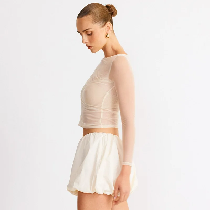 Summer See-Through Mesh T-shirt Top Women Pleated Patchwork See-Through Slim Cropped Top Tee Female Solid T-shirt Pullover