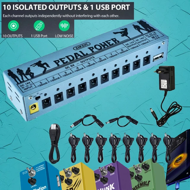 ZIKZIC กีตาร์ Effector Pedal Power Supply 10 เอาต์พุต DC แยก 9V 12V 18V Source Effect Pedalboard พอร์ต USB สําหรับโทรศัพท์มือถือ 1