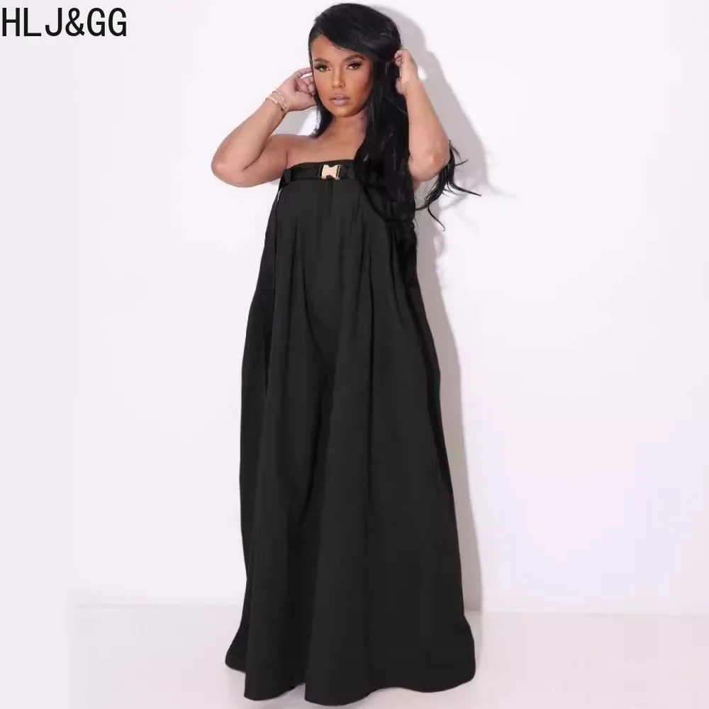 HLJ&GG Fashion Solid Off Shoulder Wide Leg Pants Jumpsuits Women Sleevless Backless Playsuits Casual Female With Belt Overalls