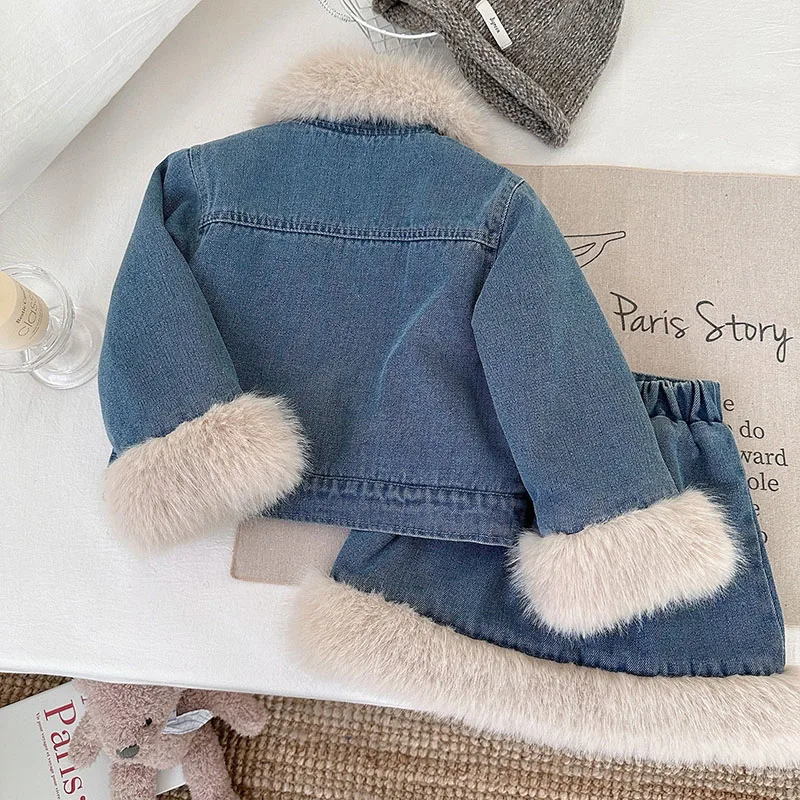 Girls Fleece Padded Cowboy Jacket and Short Skirt Set