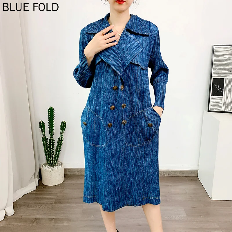 

MIYAKE Pleated Denim Trench Coat Female Spring New Fashion Design Sense Long Loose All-matching PLEASE PLEATS Coat