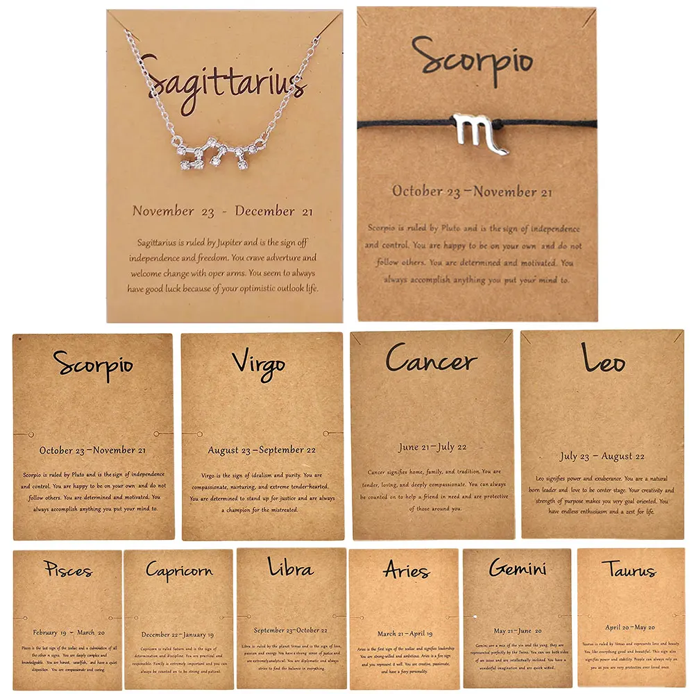 20pcs 7*9cm 12 Constellation Necklace Display Cards Zodiac Sign Bracelet Kraft Paper Card for Jewelry Retail Tags Gifts Packing 30pcs per box price cubes numbers blocks jewelry watches euro sign mini adjustable digit tag display signs for retail shop