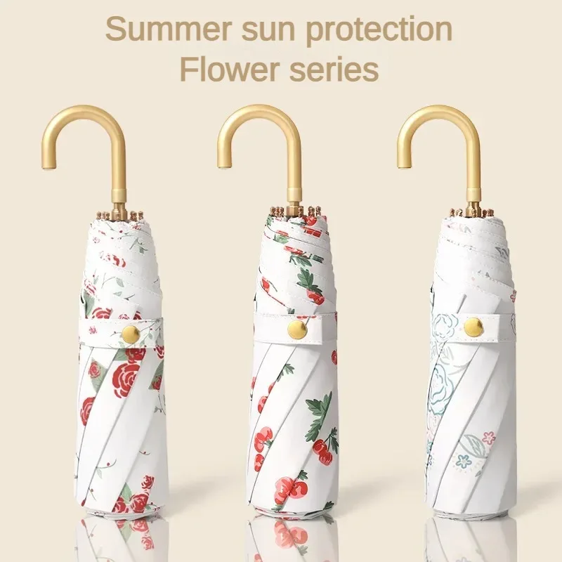 Sunshade Umbrella for Women Convenient Hook Handle Color Coating 3 Folding Mini Ultra-light Sun Uv Rain Umbrellas Parasol mini umbrella mini sun umbrella