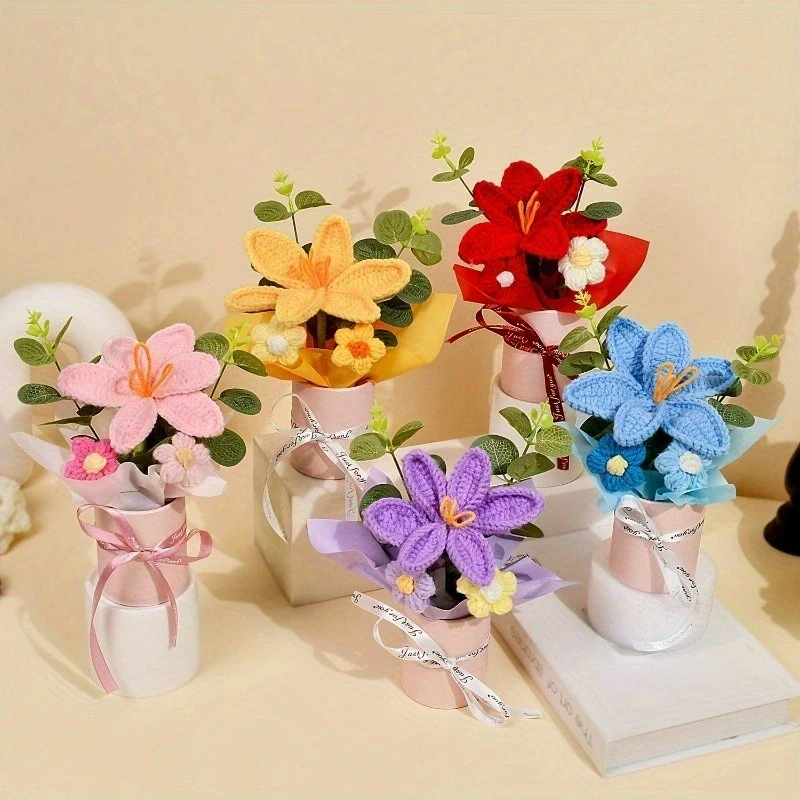 Elegant Knitted Flower Bouquet with Crochet Roses - Perfect Gift