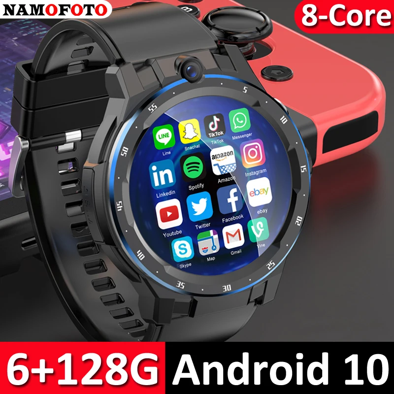 

NAMOFOTO 4G Smartwatch LTE 6GB 128GB 8 Core 2 HD Cameras Android 10 Dual CPU Sim Card Wi-Fi GPS 900mAh 1.43'' Men Smart Watch