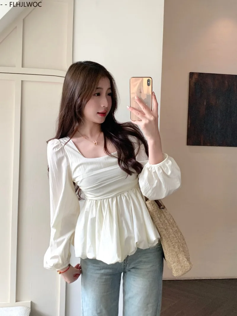 Belly Tunic Peplum Tops Blouses New Design Women Long Sleeve Casual Chic Korea Slim Fitted Black White Basics Shirts