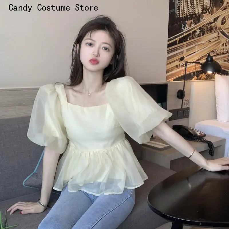 Vintage Bow Blouse Women Summer Elegant Lovely Simple Solid Fashion Daily Puff Sleeve New Chic Casual Square Collar Soft Ulzzang 5pcs lot lovely vintage kraft paper square love cd optical disc envelope bag diy card bag package bag