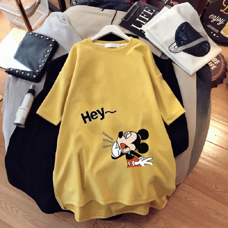 Large Size Mickey Mouse T-shirt Girl Trend Mid-Length Loose Casual Short-Sleeved Cartoon Mickey Print T-shirt Round Neck Top 4