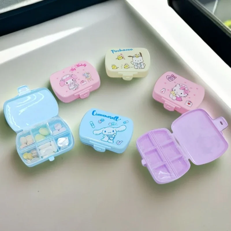 

Cartoon Sanrio Mini Portable Pill Box Kuromi Pochacco Hello Kitty Six Compartments Cute My Melody Cinnamoroll Storage Box