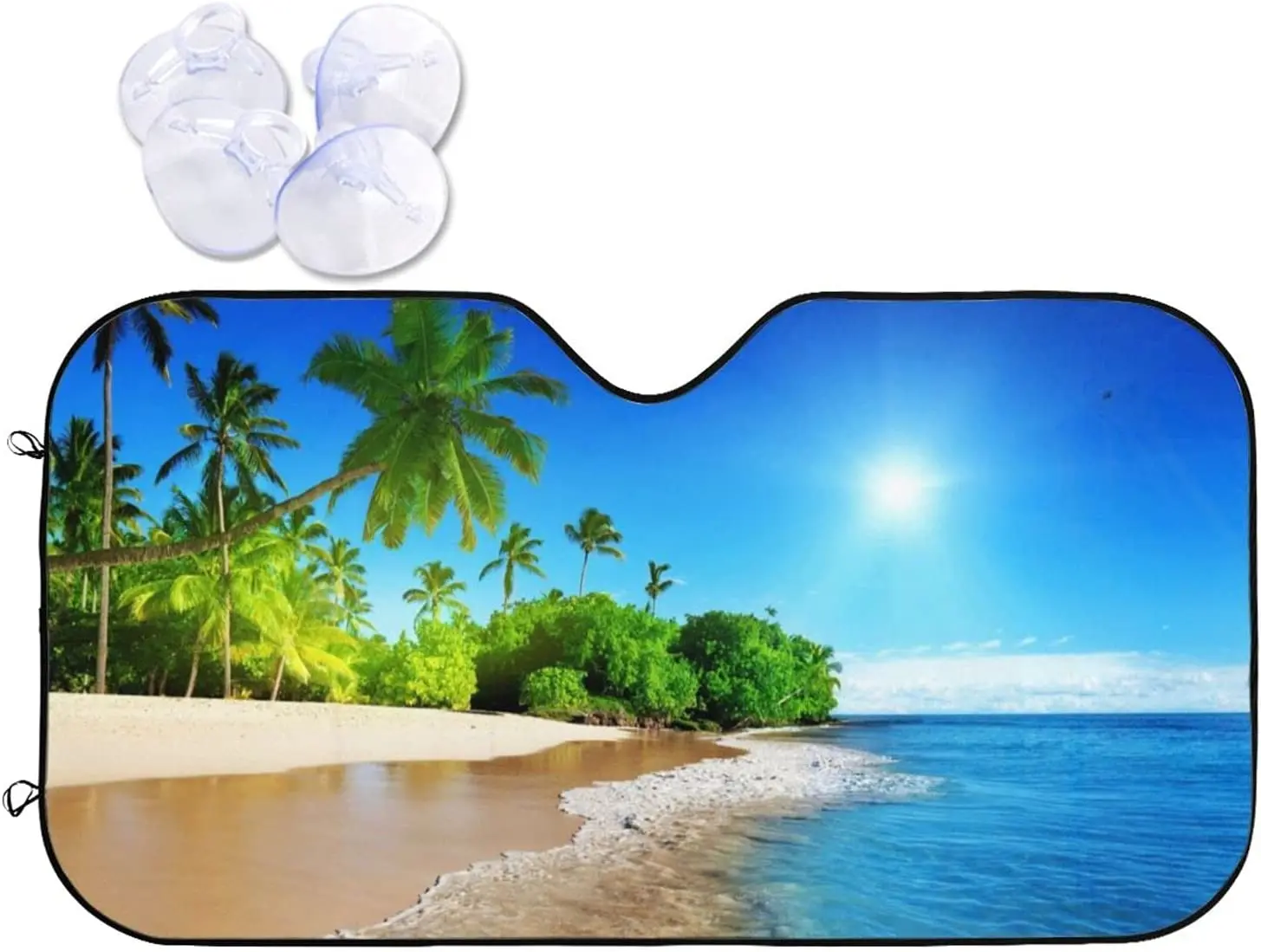 

Beach Windshield Sun Shade Protector Car Sunshade Blocks UV Rays Sun Visor (55" x 29.9") Palms Trees Blue Ocean Landscape