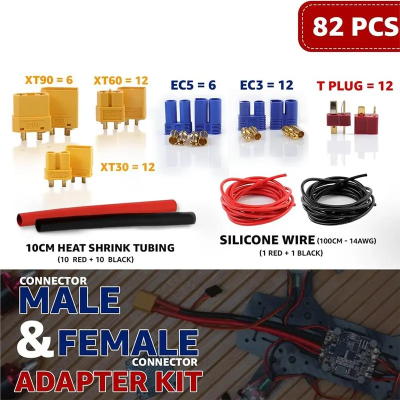 82Pcs T-플러그 XT90/XT30/XT60/EC5/EC3 남성 및 여성 플러그 어댑터 커넥터 ESC 부품용 실리콘 와이어 열 수축 튜브