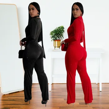 European and American fashion women's clothing sexy v-neck long-sleeved hot diamond bag arm jumpsuit new